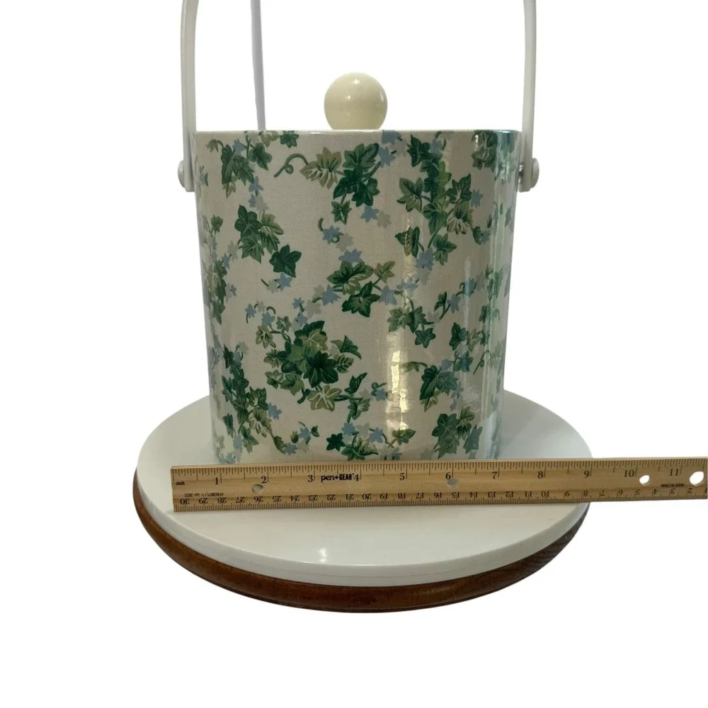 Vintage Kraftware Ice Bucket Green Ivy Blue Floral Insulated Barware with Lid